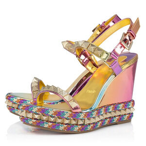 Christian Louboutin Pyraclou 110 Boreal Gold Multi Platform Wedge Sandal Heel 36